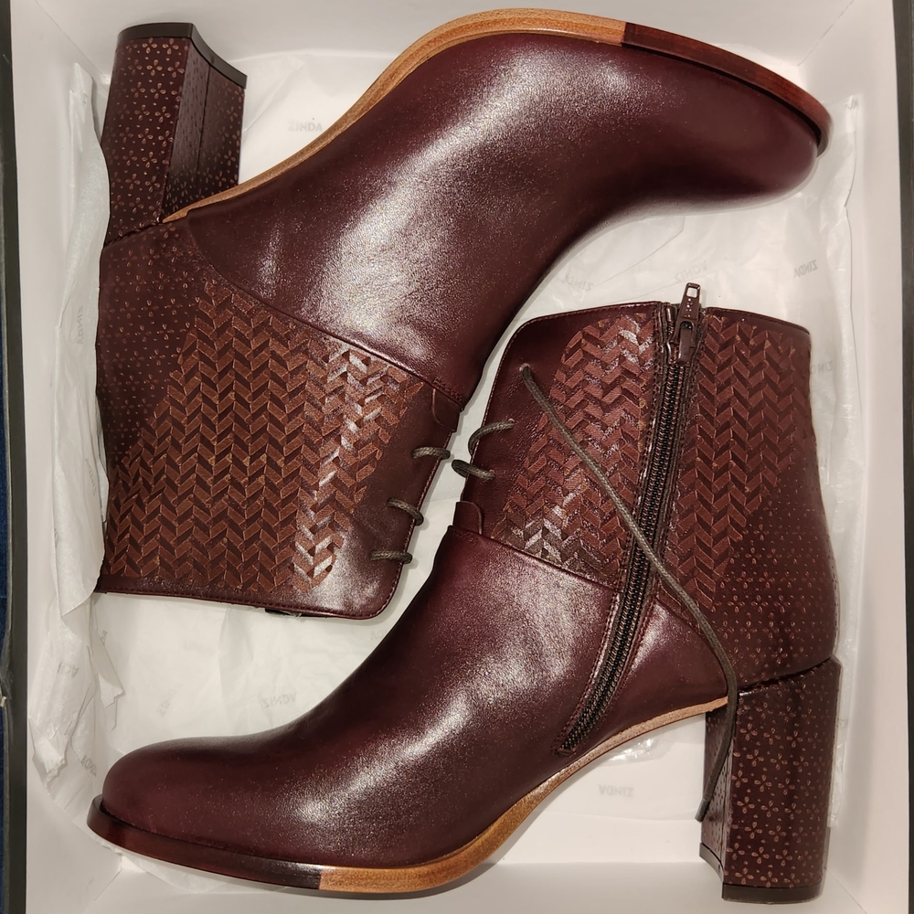Maroon OR Burgundy Color Leather Ankle Booties with Woven Texture